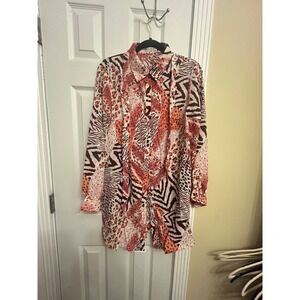 Red Leaf Womens Animal Print Patchwork Button Down Dress Orange Pink Zebra Med